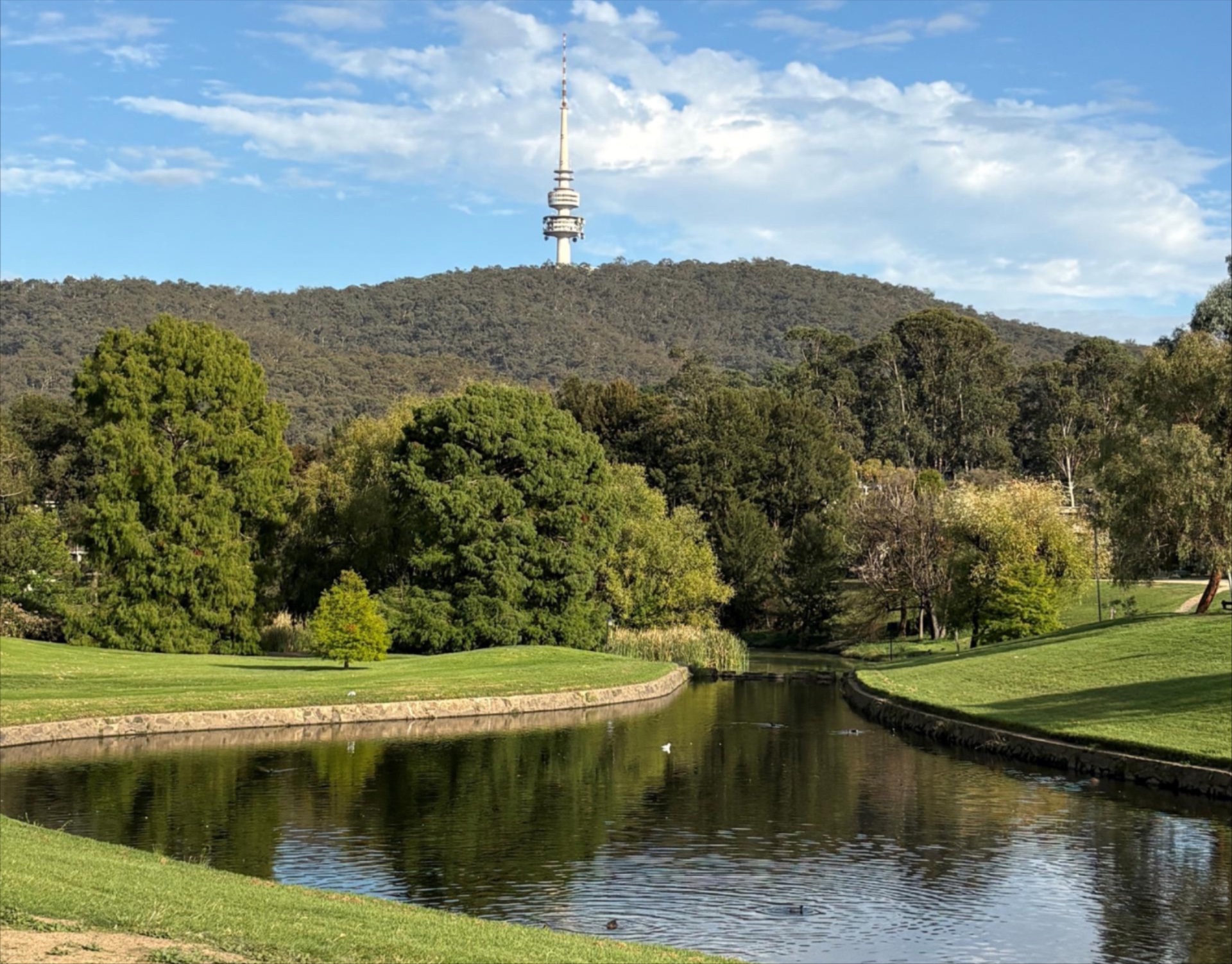 Lush green ��������Campus, showcasing Sullivan's Creek and Telstra Tower