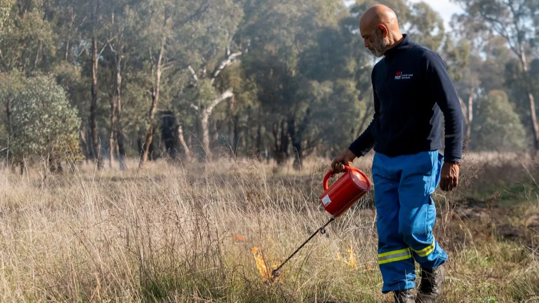 Dean Freeman leads cultural burning training on a travelling stock reserve at Wagga Wagga