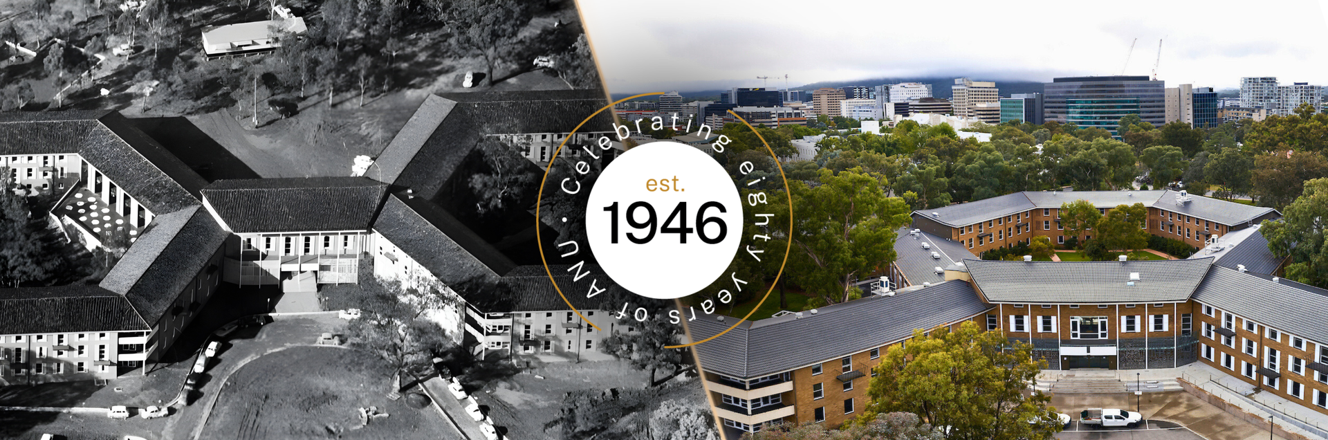 Side-by-side comparison of the same campus building in historic black-and-white and modern colour aerial views.