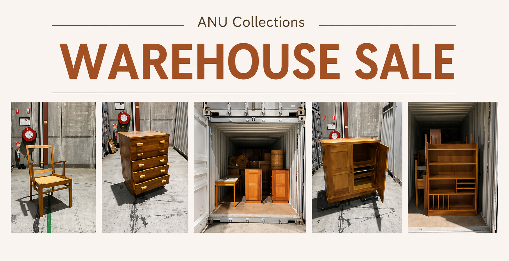 Poster created by ANU Collections for the warehouse sale featuring pieces of furniture 
