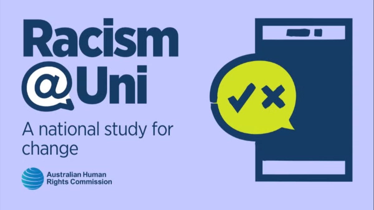 Purple graphic reading &ldquo;Racism@Uni &ndash; A national study for change 