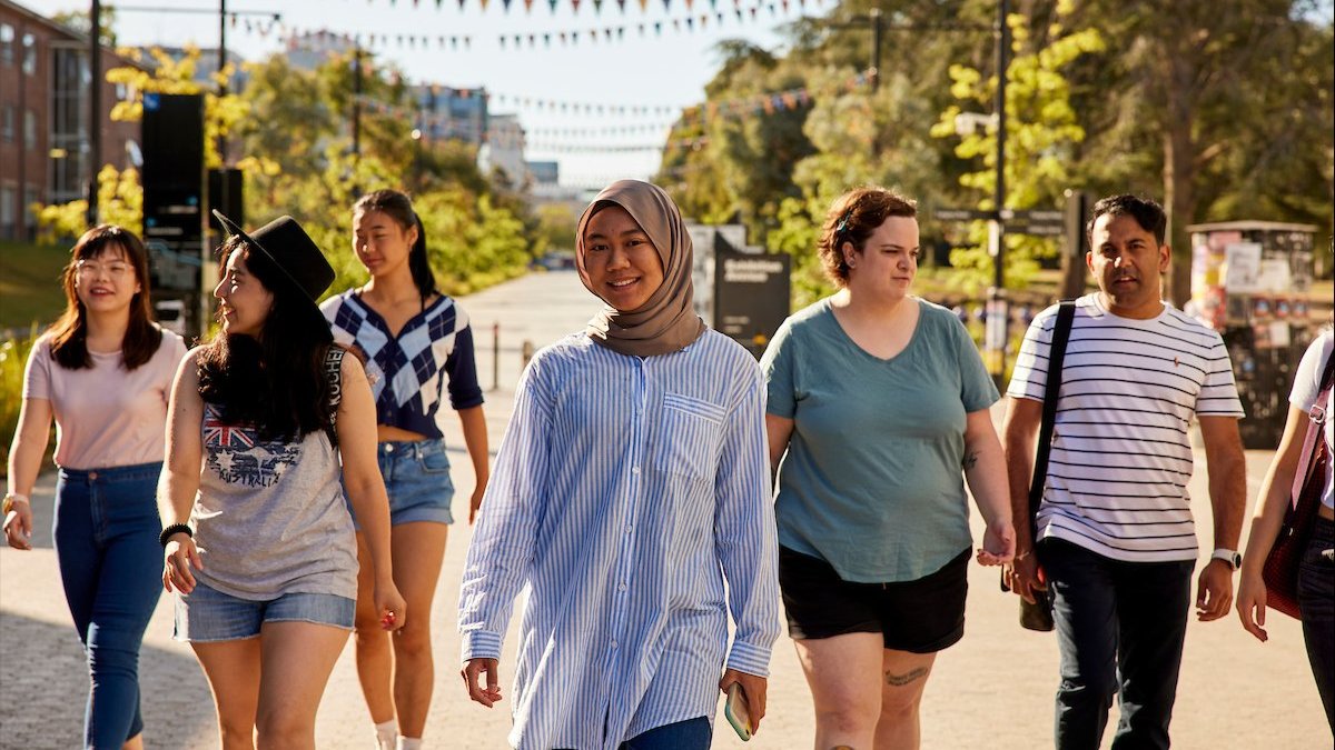 A diverse group of students walking together along University Avenue in Kambri, representing multicultural community and inclusion.