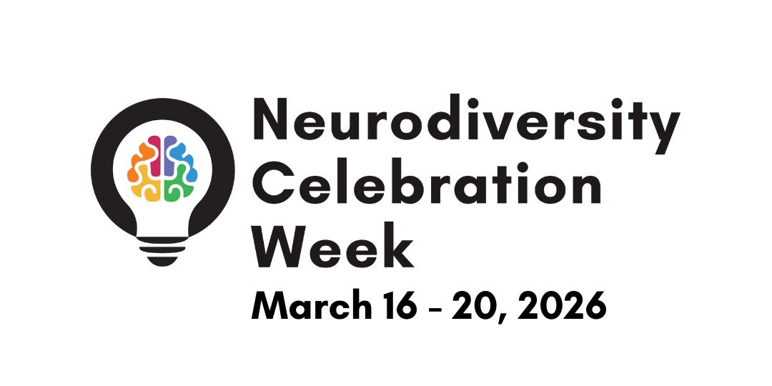 Graphic reading &ldquo;Neurodiversity Celebration Week&rdquo; alongside a lightbulb icon with a multicoloured brain design.