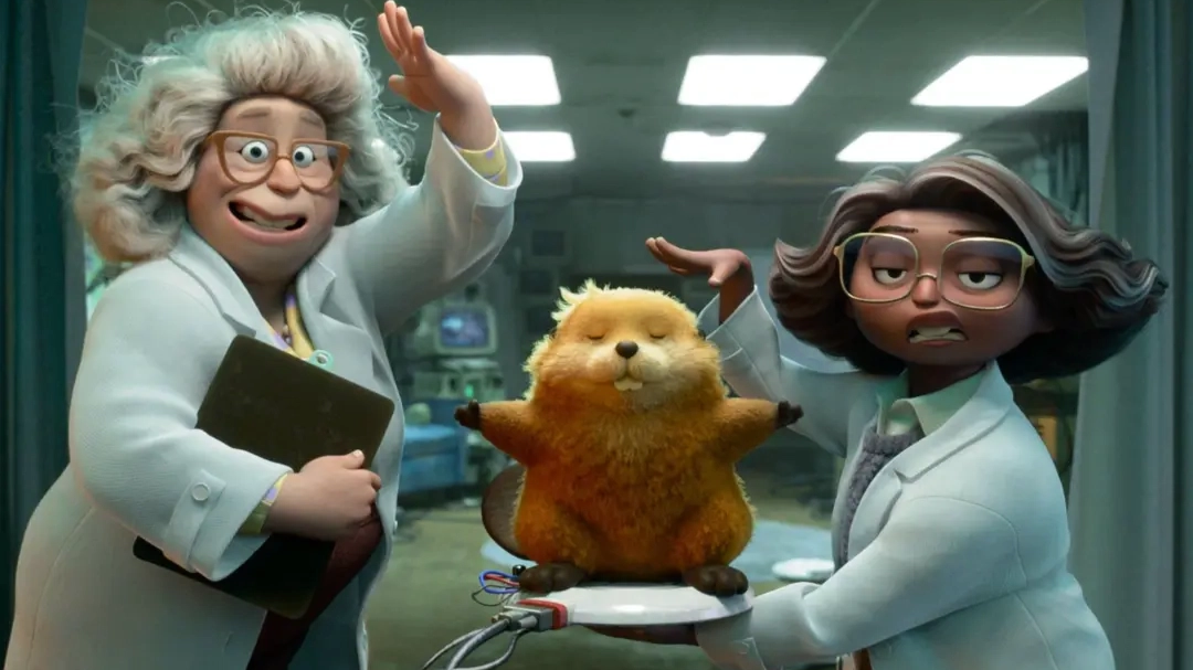 Two animated scientists in lab coats pose beside a small furry animal on a tray in a lab setting. 