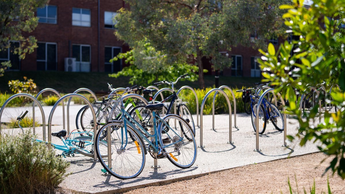 Bicycles parked in outdoor racks beside a landscaped path and building.