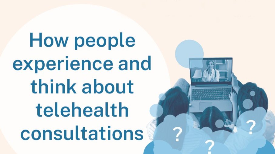 Graphic reading &ldquo;How people experience and think about telehealth consultations&rdquo; next to two people watching a doctor on a laptop, with question mark icons.