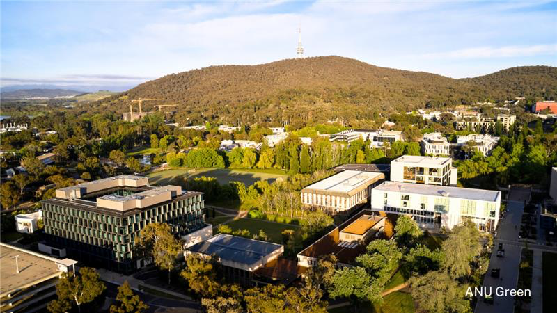 Drone image of ANU campus with Telstra Tower and Black mountain in the background. 