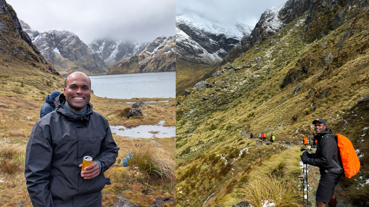 Split image of Sami Ramanayake trekking and smiling at a camera 