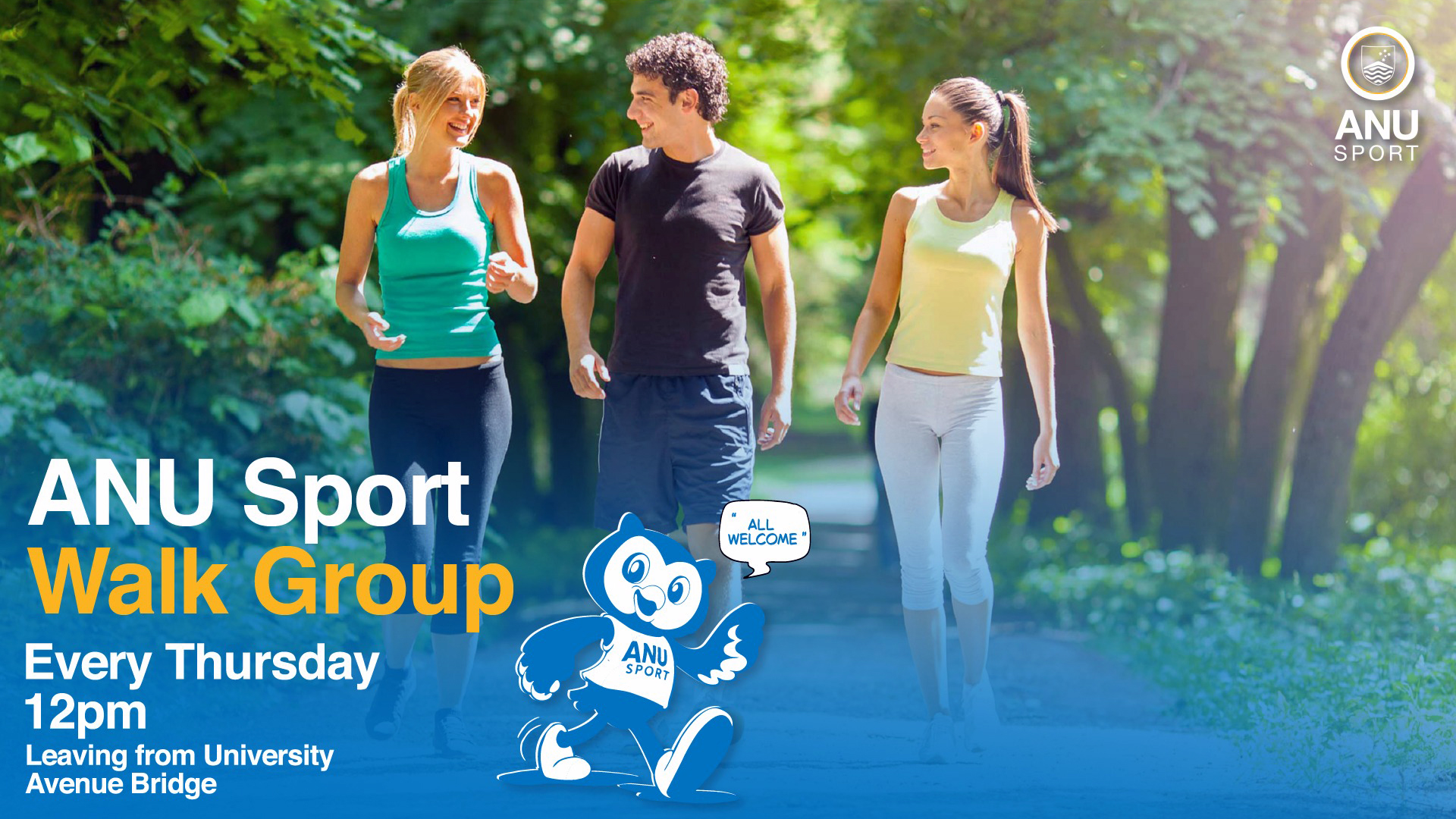 Adults Three people walking and chatting on a leafy path with ANU Sport walk group event text overlay.in a at a desk during a workshop, smiling and taking notes during a professional development session.