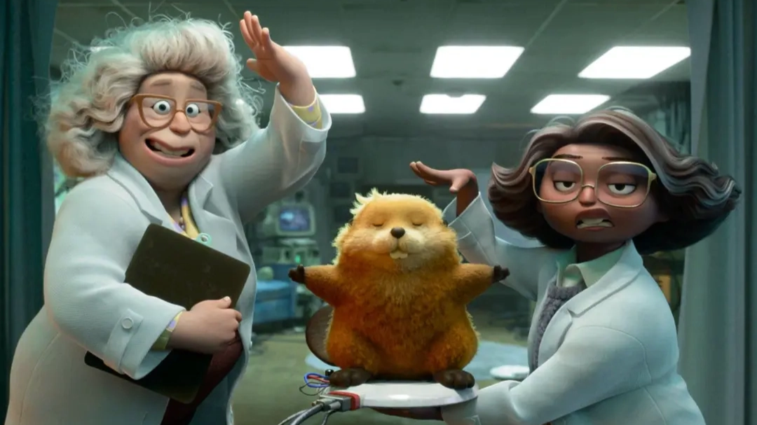 Two animated scientists in lab coats pose beside a small furry animal on a tray in a lab setting.