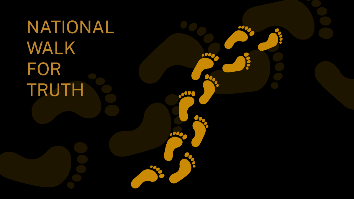 Graphic for the National Walk for Truth featuring stylised footprints on a black background with the words &ldquo;National Walk for Truth&rdquo;.