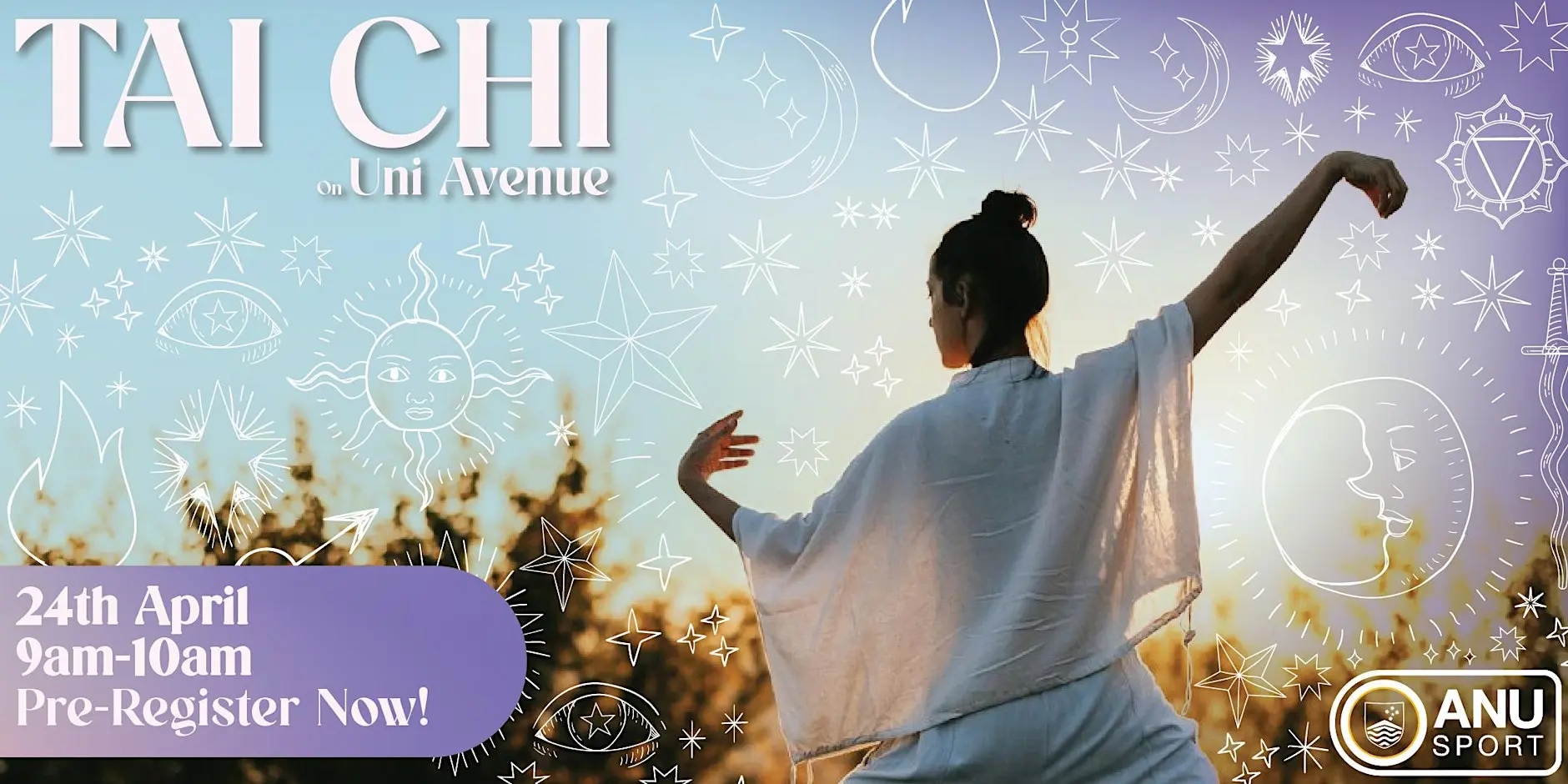 Poster with fineline stars and moons on a blurred image of the sky and trees with a woman posing with her back towards the camera