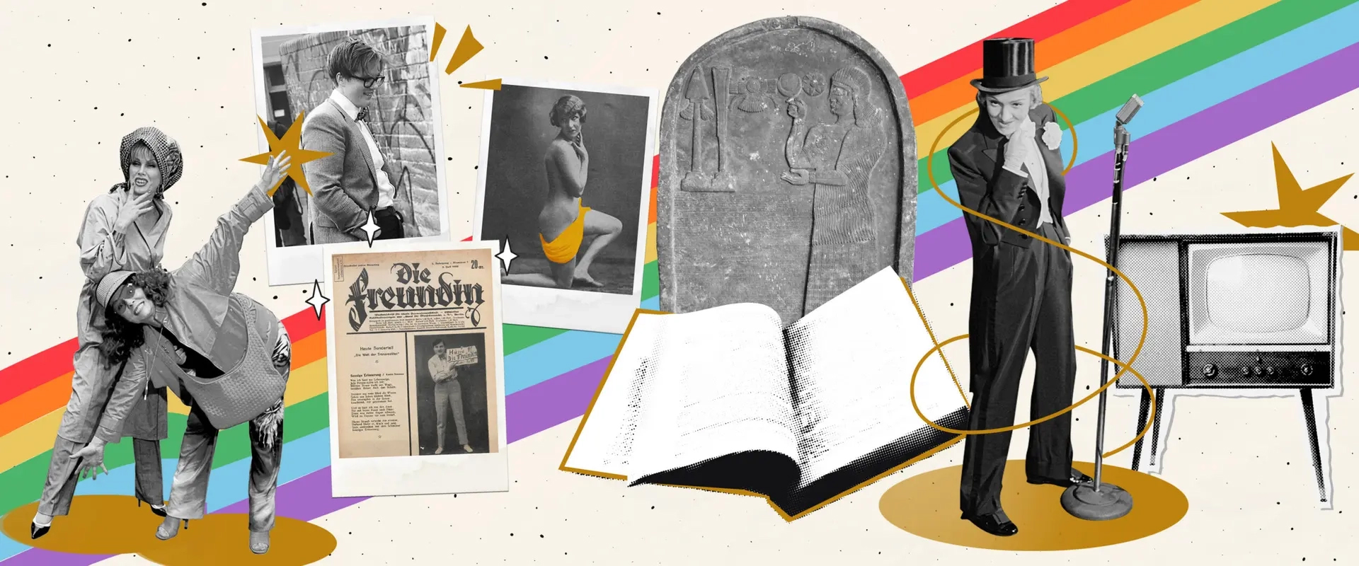 Collage of historical photographs, publications and artefacts celebrating LGBTQIA+ history, alongside a performer in formal attire and a rainbow pride banner.