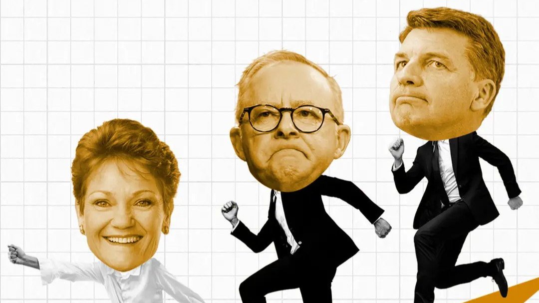 An illustrated caricature of Pauline Hanson, Anthony Albanese and Angus Taylor running, representing the race between One Nation, Labor and the Liberals.
