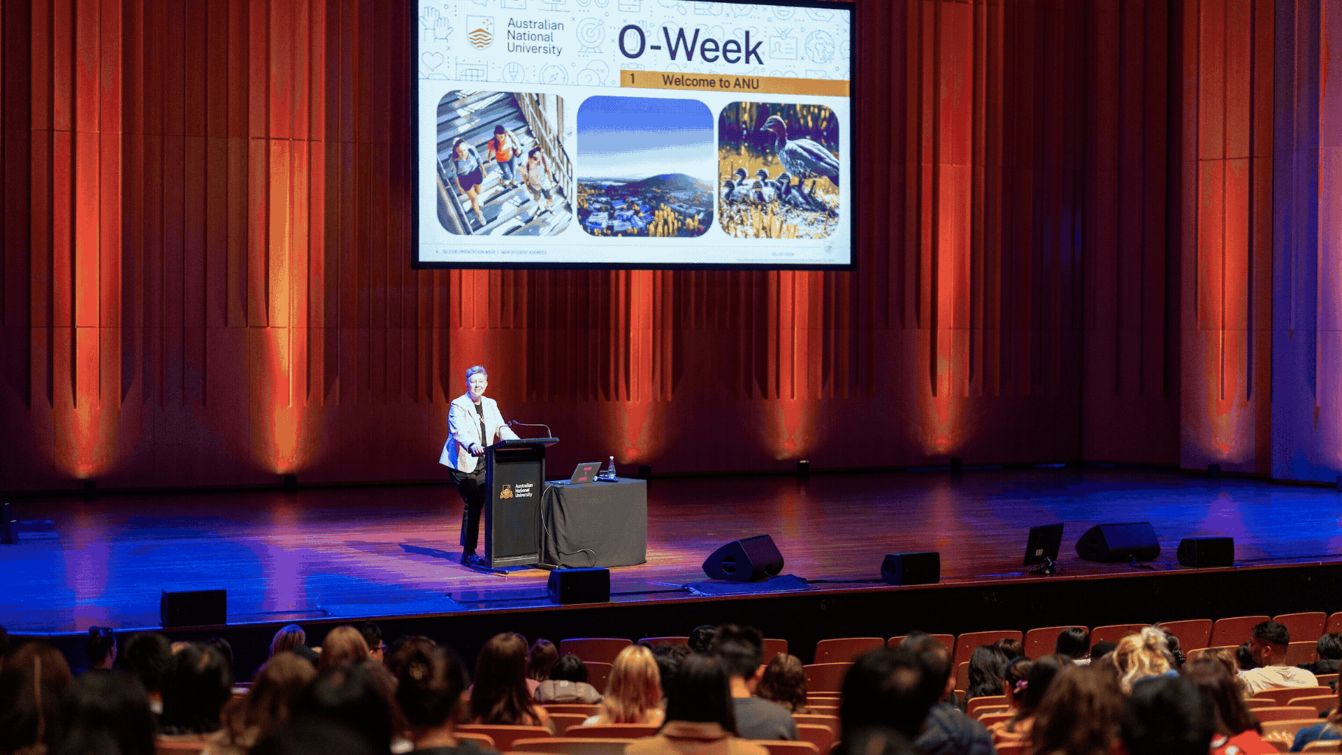 Scenes from the O-Week welcome in Llewellyn Hall, showing a Welcome to Country, an addresses to new students by Interim Vice-Chancellor Professor Rebekah Brown and Acting Provost and Senior Vice-President Professor Joan Leach.
