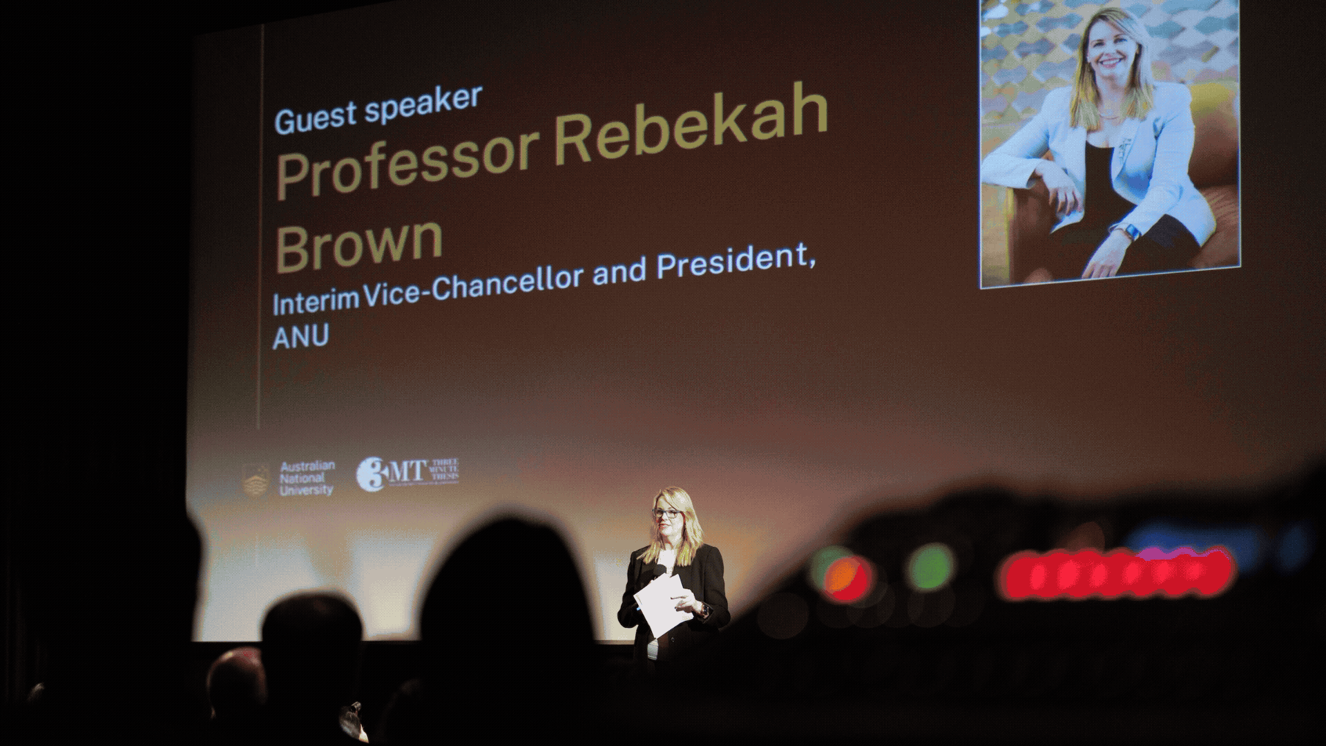 Photos from the 2026 ������ƵThree Minute Thesis final, including guest speaker Professor Rebekah Brown and student presenters on stage.