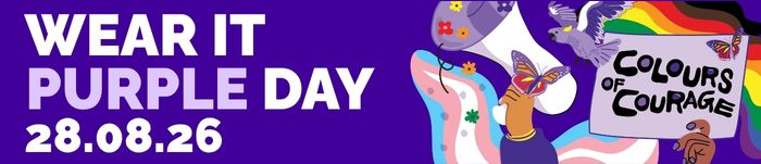 Purple Wear It Purple Day graphic dated 28 August 2026, featuring illustrated hands holding a megaphone, a butterfly and a Colours of Courage sign.