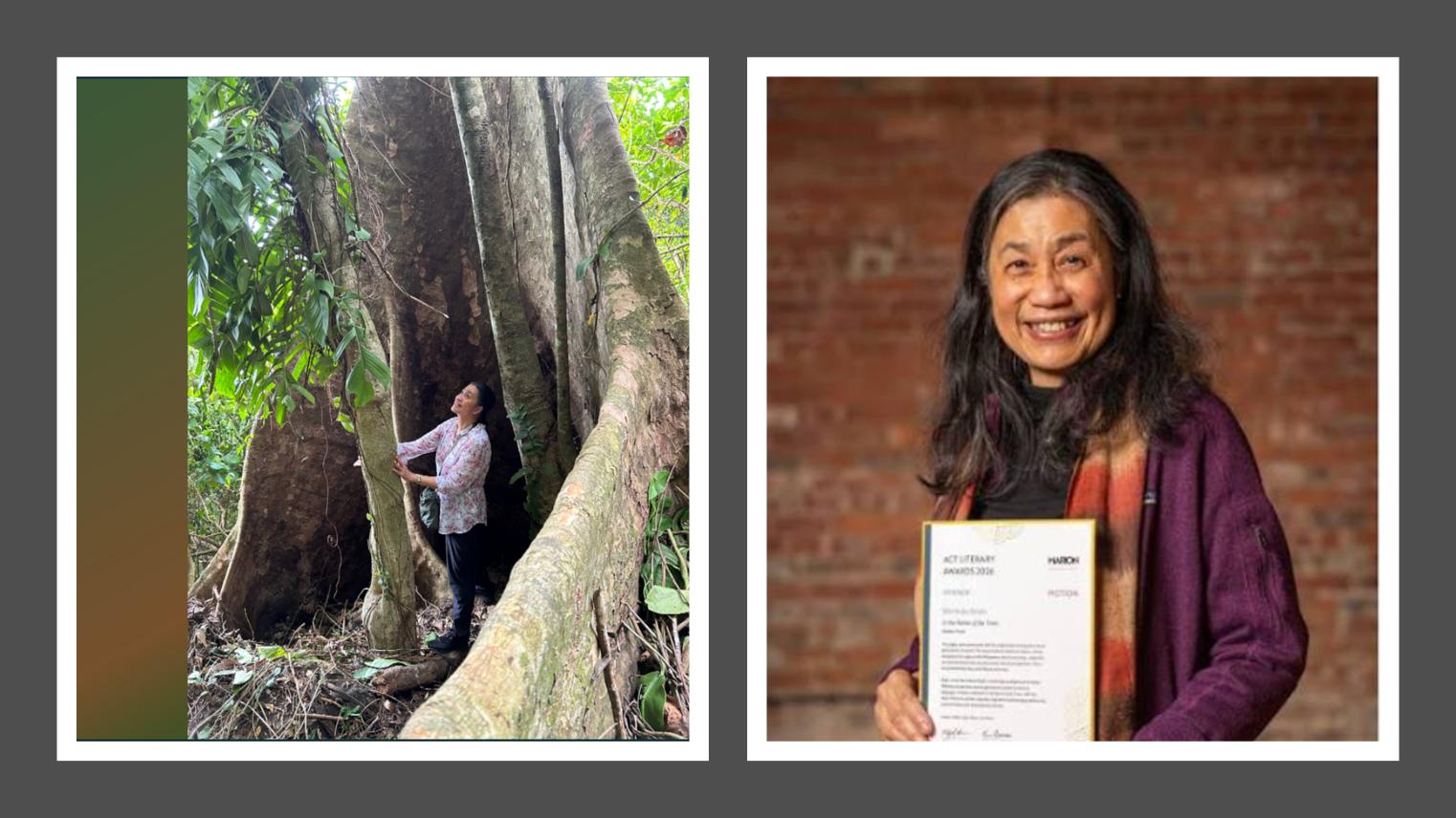 Two photos of Filipino-Australian writer Merlinda Bobis. Left, Bobis stands beside a large tree in a lush forest. Right, she smiles while holding her 2026 ACT Literary Award certificate.