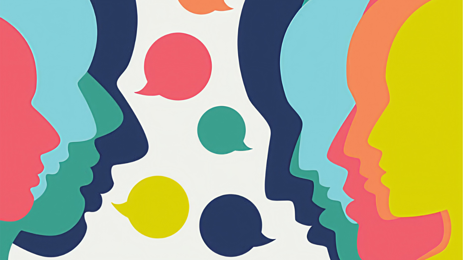 Colourful overlapping face silhouettes with speech bubbles.