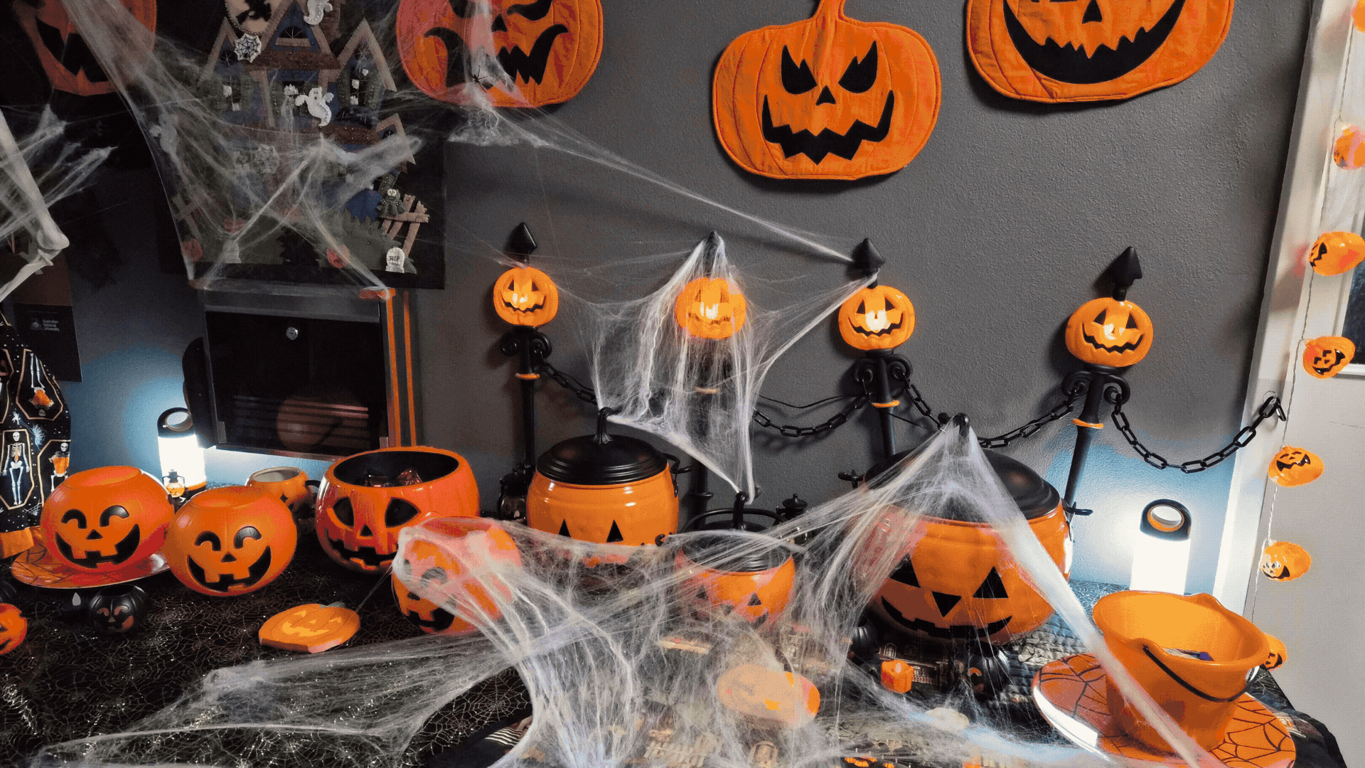 Gif of images of the spooky decorated Copland's Haunted Corridor. 