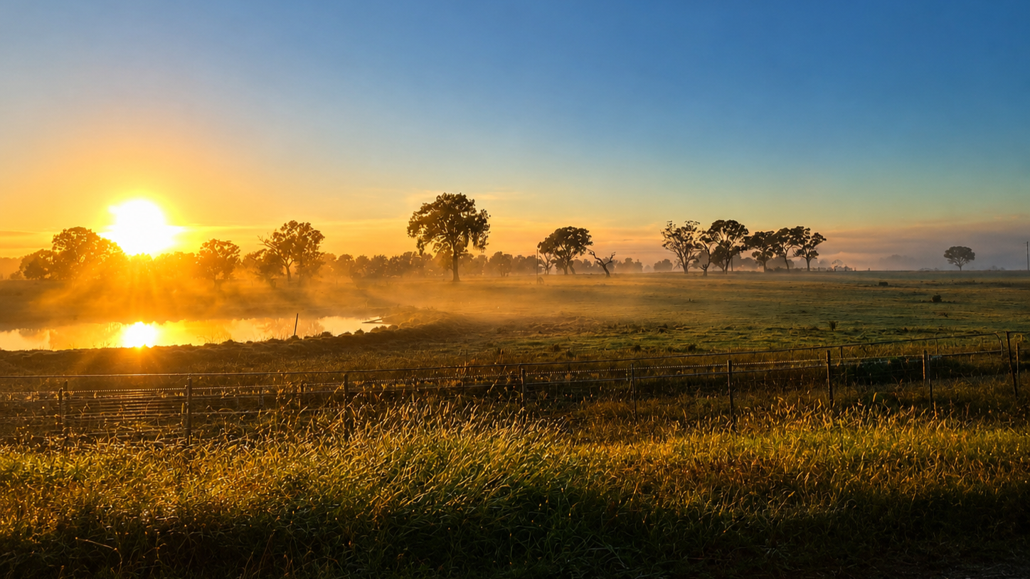 Sunrise over a misty rural paddock with scattered trees, long grass, and a small reflective pond.