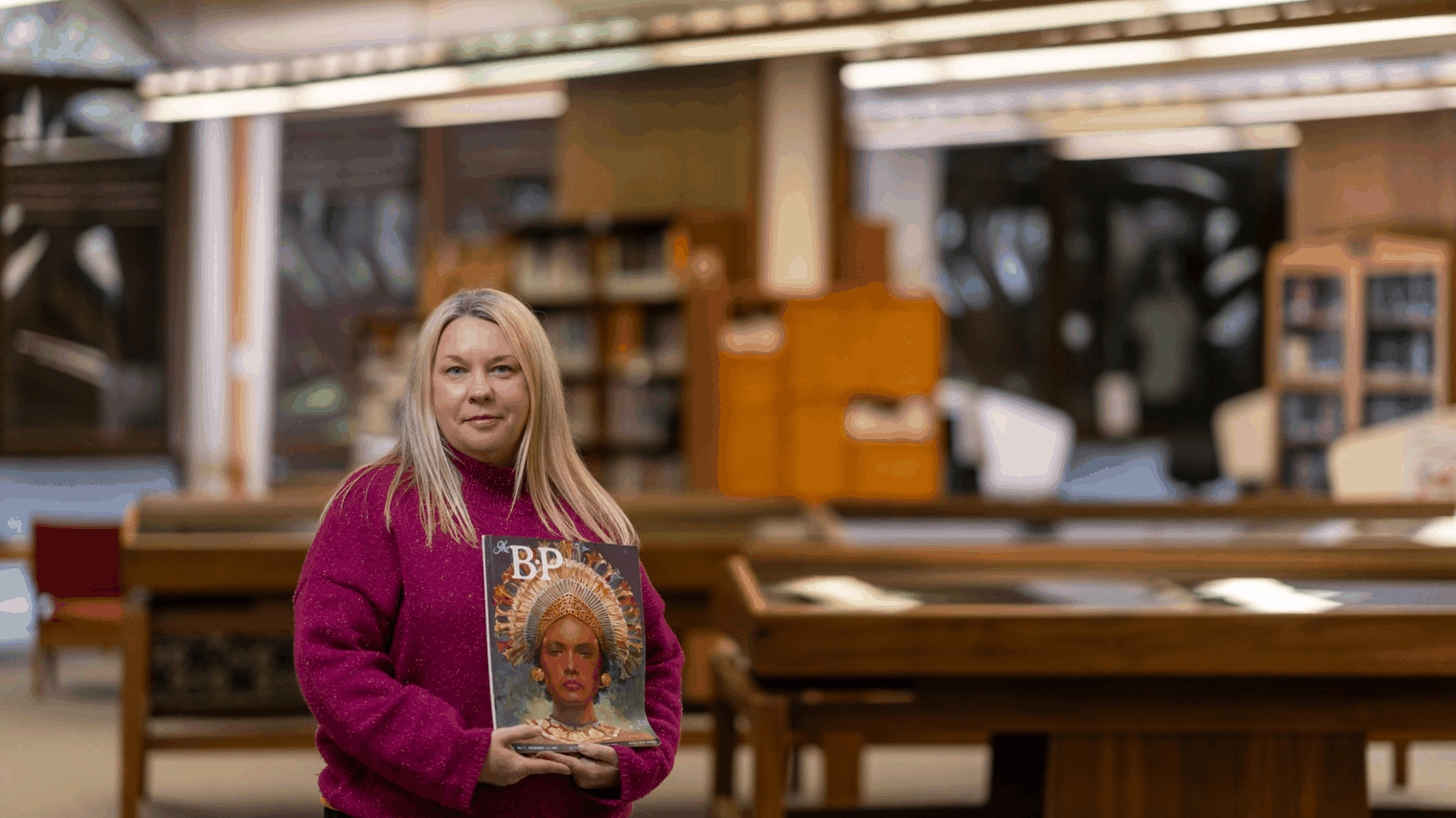 GIF cycling through five images: two colour photographs of a woman at the exhibition, one standing behind a display case and one holding a Burns Philp publication in the reading room, followed by followed by three historic Burns Philp archival photographs.  