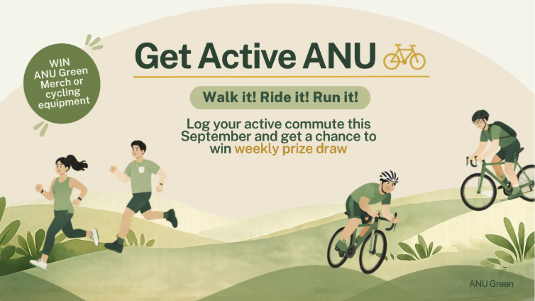 Illustration promoting Get Active ANU, encouraging walking, cycling or running for the September active commute challenge.