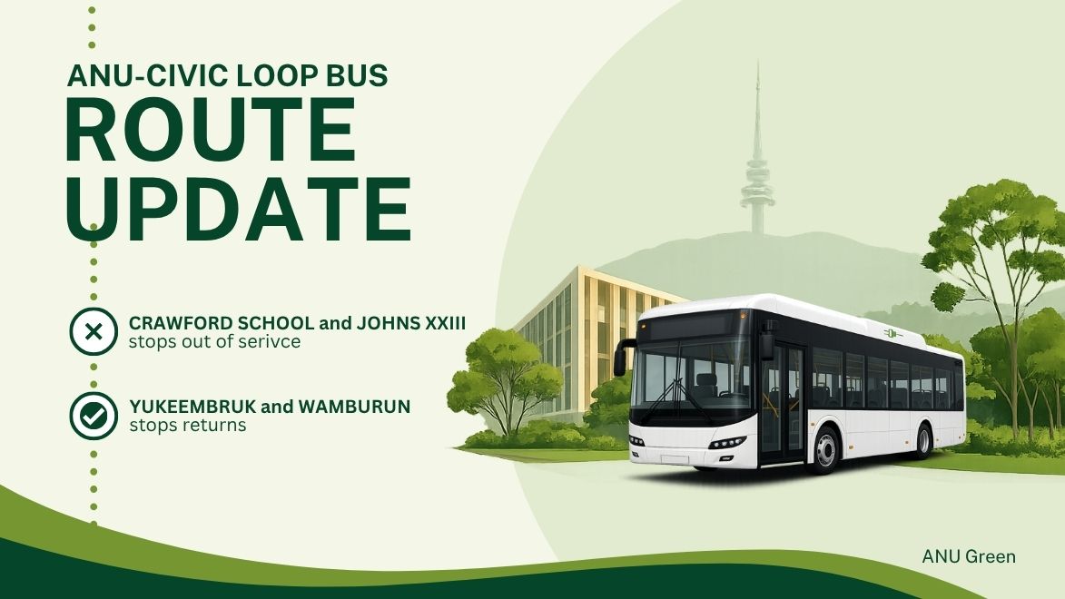 Illustration of a bus with route update details: Crawford School and John XXIII stops out of service, Yukeembruk and Wamburun stops returning. ANU Green branding.