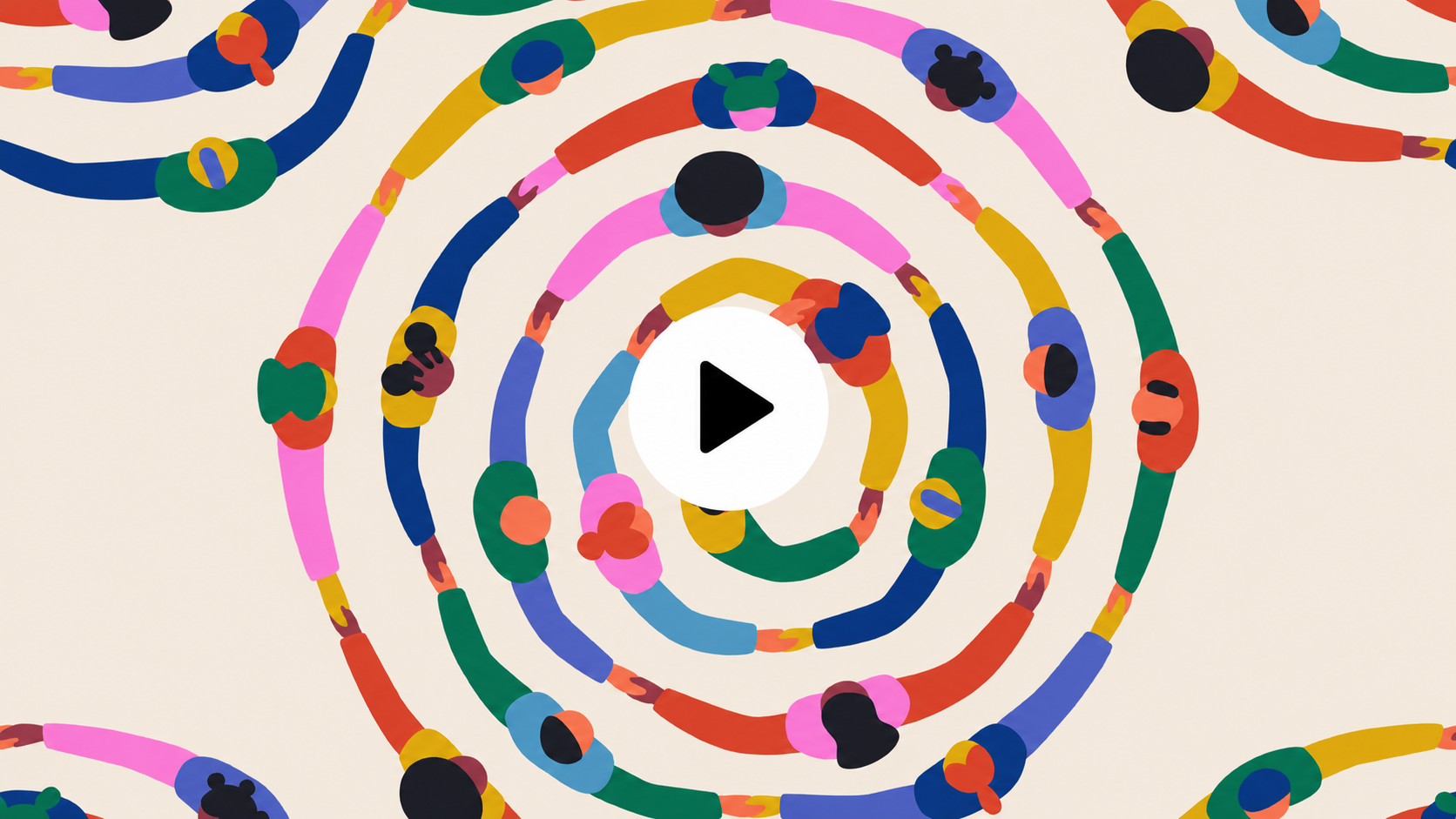 Colourful illustration of people holding hands in concentric circles, viewed from above.