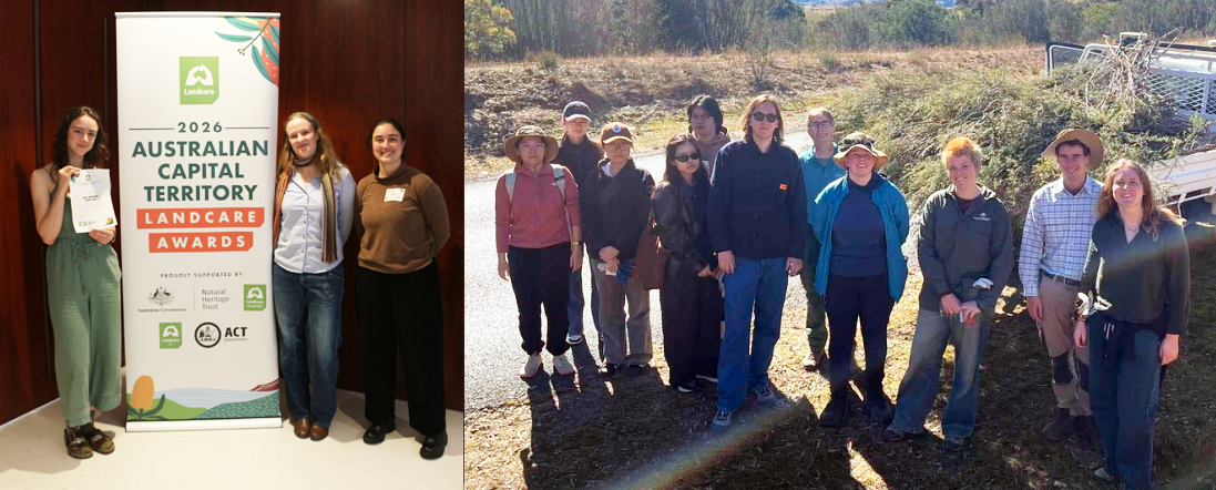 Composite image showing ANU Intrepid Landcare committee members at the 2026 ACT Landcare Awards and club members volunteering at Tidbinbilla Nature Reserve.