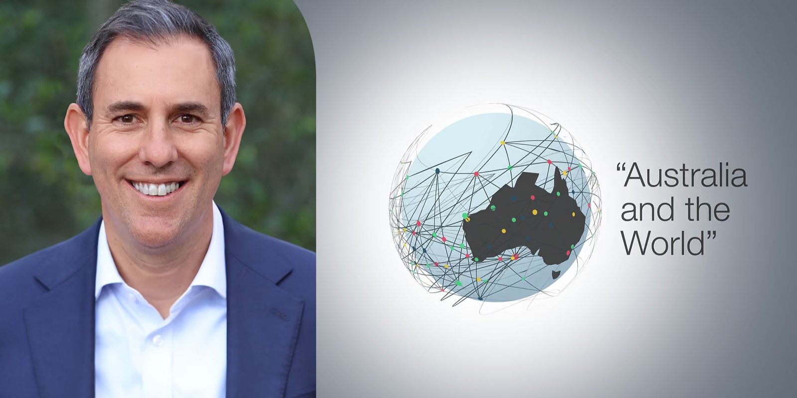 Treasurer the Hon Jim Chalmers MP beside the Australia and the World logo, featuring a map of Australia within a connected globe.