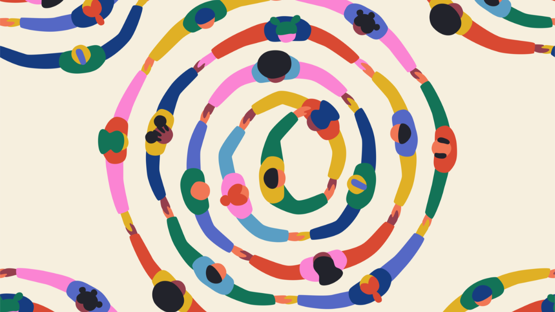 Colourful illustration of people holding hands in concentric circles, viewed from above.
