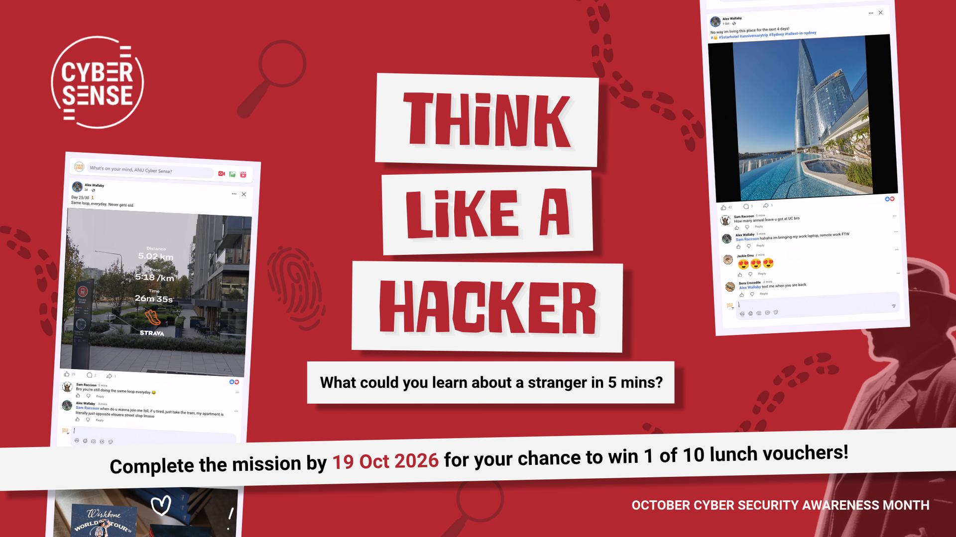 Cyber Sense graphic encouraging users to &ldquo;Think Like a Hacker&rdquo; and complete a cyber security mission by 19 October 2026.