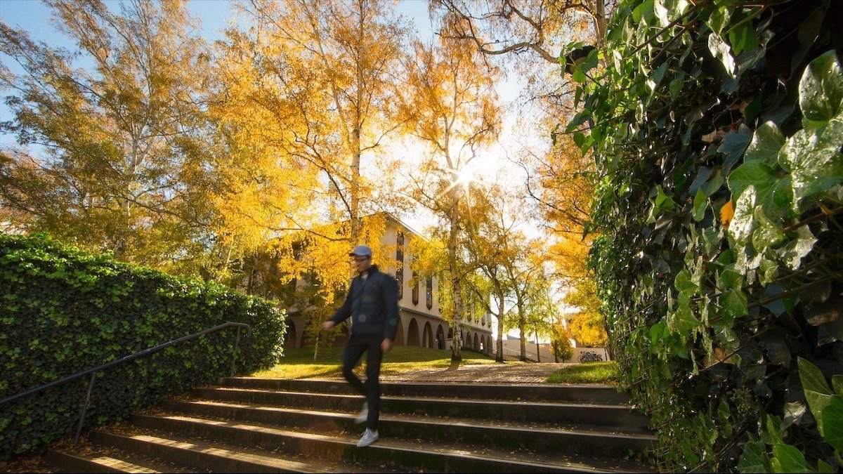 A man wearing winter clothing and walking down the stairs on a sunny winter morning on campus. 
