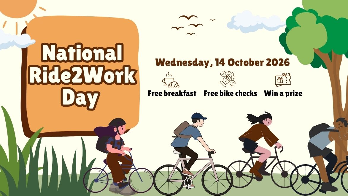 Illustration promoting National Ride2Work Day, with cyclists riding across campus.