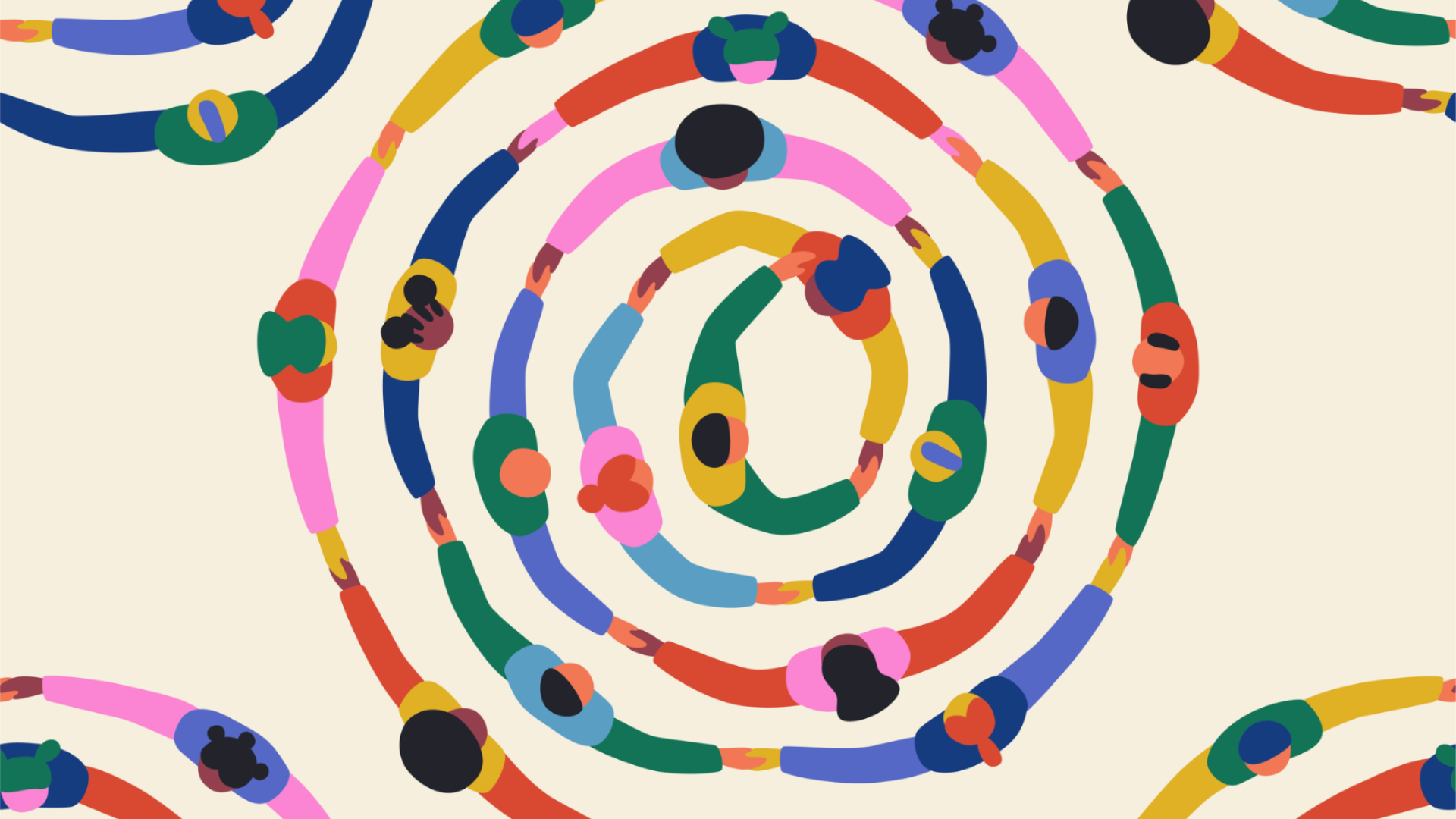 Colourful illustration of people holding hands in concentric circles, viewed from above.