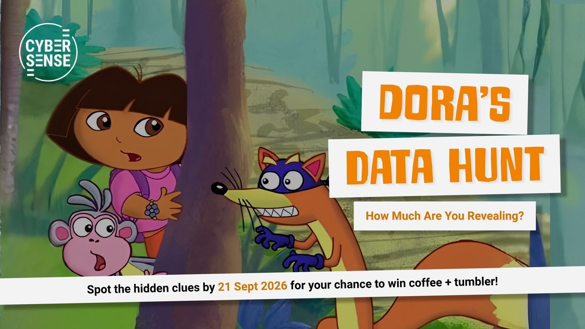 Cyber Sense graphic featuring Dora, Boots and Swiper with the words &lsquo;Dora&rsquo;s Data Hunt: How much are you revealing?&rsquo;