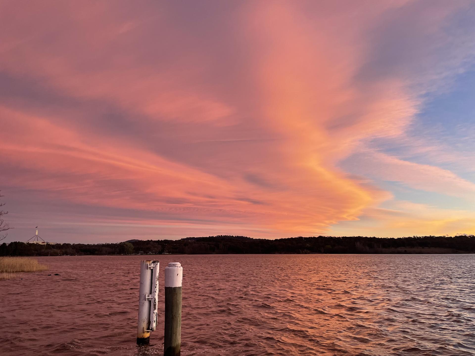 Pink sky during sunset at Lake Burley Griffin on ANU campus. 