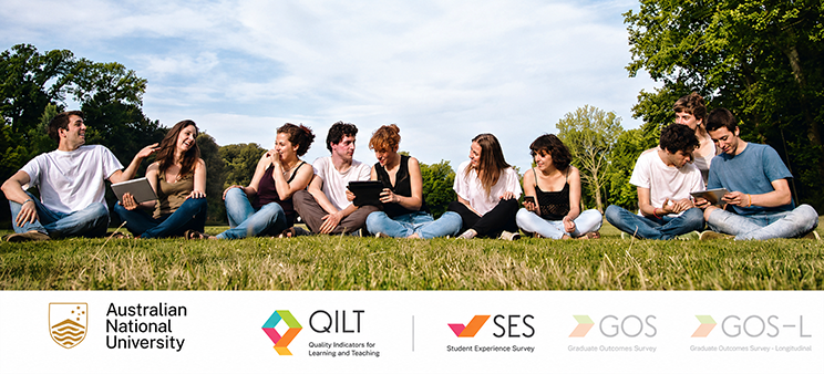 Students sitting together on a lawn using laptops and tablets, with ANU and QILT, SES, GOS and GOS-L logos displayed below.