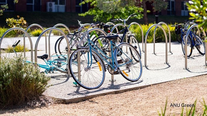Bikes on bike racks on campus