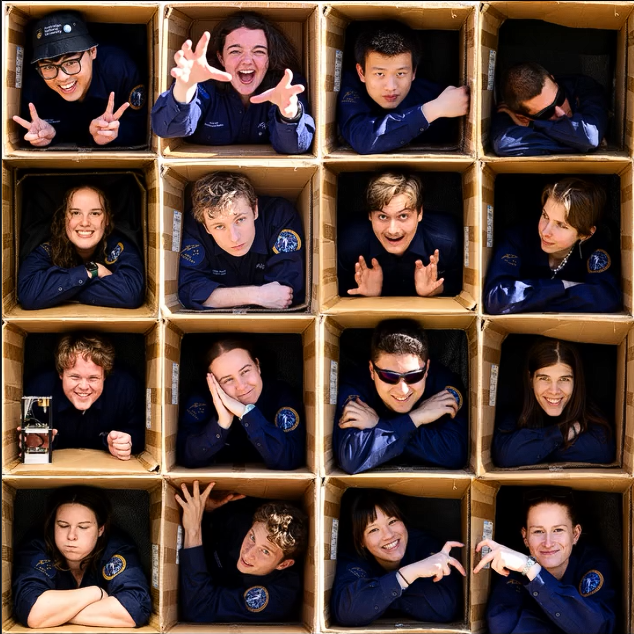 A composite shot of the ANU Rocketry team all posing inside boxes, forming a mosaic of the happy team.