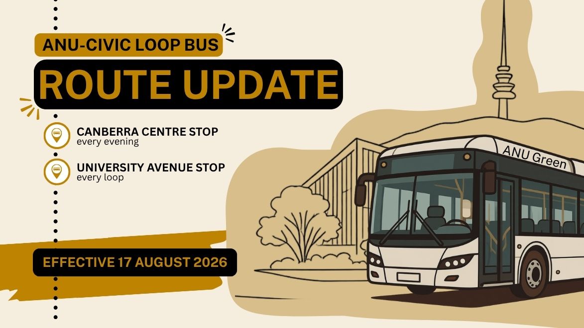Illustration announcing ANU-Civic Loop Bus route updates, effective 17 August 2026.