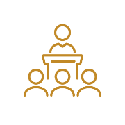  Lecture icon with one person at the podium and the rest below listening 